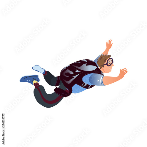 Skydiver in the blue clothes with goggles flying with the parachute backpack. Vector illustration in a flat cartoon style.