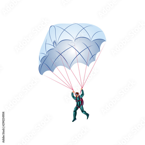 Skydiver in the green suit flying with the blue parachute. Vector illustration in a flat cartoon style.