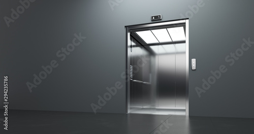 Passenger elevator with open doors, at empty business center interior. 3D render photo