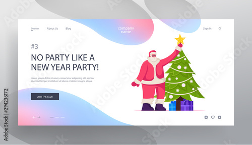 New Year Party Preparation Website Landing Page. Smiling Santa Claus Character Decorating Fir Tree Putting Toys and Star on Top of Spruce and Presents Web Page Banner. Cartoon Flat Vector Illustration