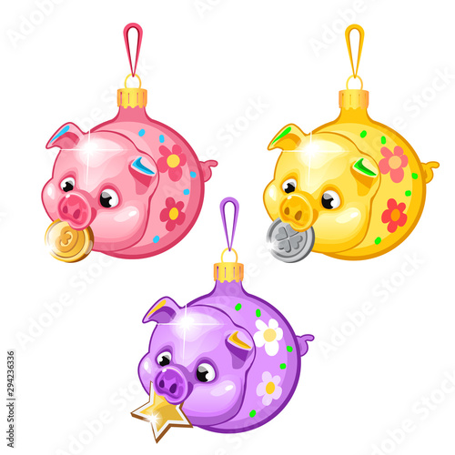 Sketch with Christmas tree decorations pigs isolated on white background. Colorful festive glass baubles. Template of poster, invitation, other card. Vector cartoon close-up illustration.