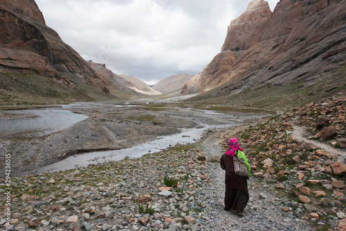 The barren Lha-chu valley leading into the trek around Mt. Kailash in Tibet, China - one of the most important places for pilgrimage for Hindus and Buddhists.