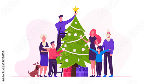 Big Happy Family Decorate Christmas Tree Together Prepare for Winter Holidays Celebration Hanging Balls and Star on Top of Spruce, People Celebrating New Year at Home. Cartoon Flat Vector Illustration