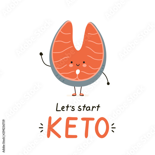 Cute happy red fish salmon character. Isolated on white background. Vector cartoon character illustration card design,simple flat style. Keto diet card,banner design concept