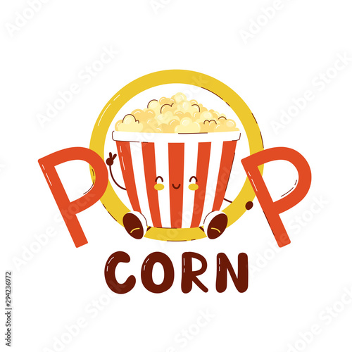 Cute happy popcorn bucket logo. Isolated on white background. Vector cartoon character illustration card design,simple flat style. Popcorn,fast food logo template concept