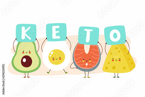 Cute happy avocado,egg,red fish and cheese hold keto sign. Isolated on white background. Vector cartoon character illustration card design,simple flat style. Keto diet card,banner design concept