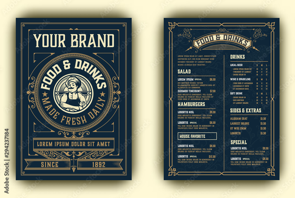 Vintage template for  restaurant menu design with Chef illustration. Vector layered.