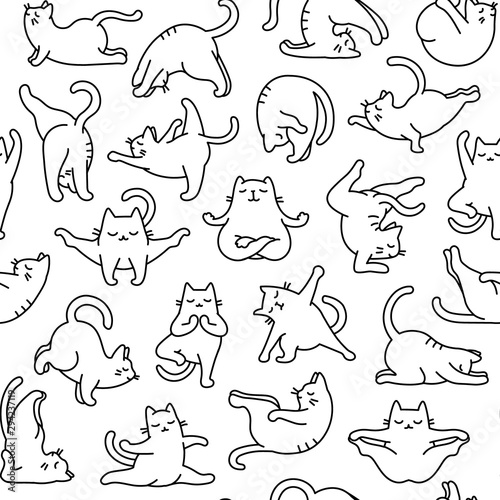 Zen Meditating Cats: Cartoon Doodle Outline Seamless Vector Pattern, Background of Cats in Yoga Pose, Namaste Vibes for Serenity