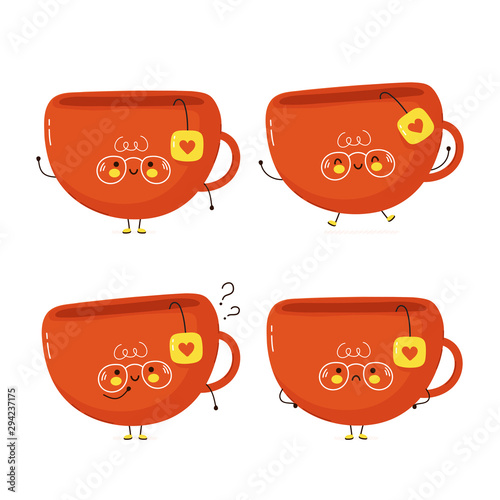 Cute happy tea cup set. Isolated on white background. Vector cartoon character illustration design,simple flat style. Cup of tea character bundle, collection concept