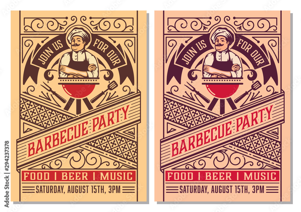 Barbecue party vector flyer or poster design template. BBQ event retro style