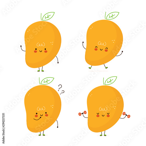 Cute happy mango fruit set. Isolated on white background. Vector cartoon character illustration design,simple flat style. Mango character bundle, collection concept