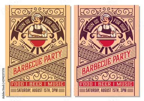 Barbecue party vector flyer or poster design template. BBQ event retro style