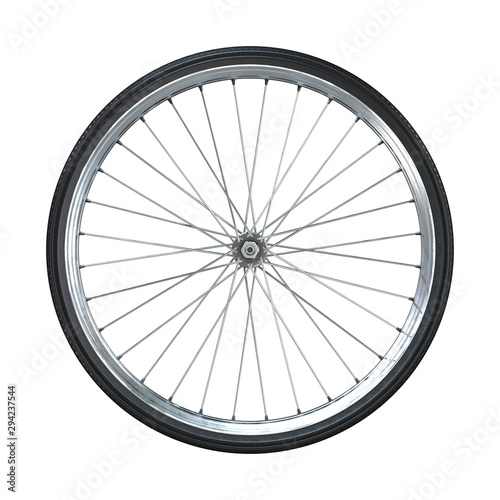 Bicycle wheel isolated on white background. Side view. 3d rendering. photo