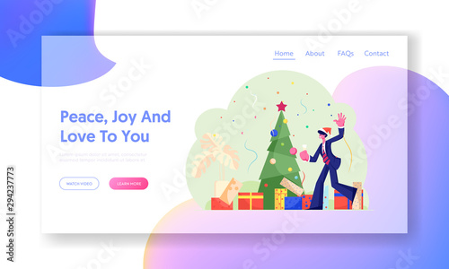 New Year Corporate Party Website Landing Page. Happy Businessman Manager in Santa Hat Celebrate Christmas Holiday in Office with Champagne and Fir Tree Web Page Banner Cartoon Flat Vector Illustration