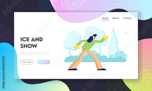 Christmas Holidays Sparetime Activity and Relax Website Landing Page. Young Woman Throwing Snow Ball Playing Snowballs Battle on Street at House Yard Web Page Banner. Cartoon Flat Vector Illustration