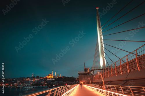 Suleymaniye mosque twilight view from new built Halic metro Bridge with trendy colors