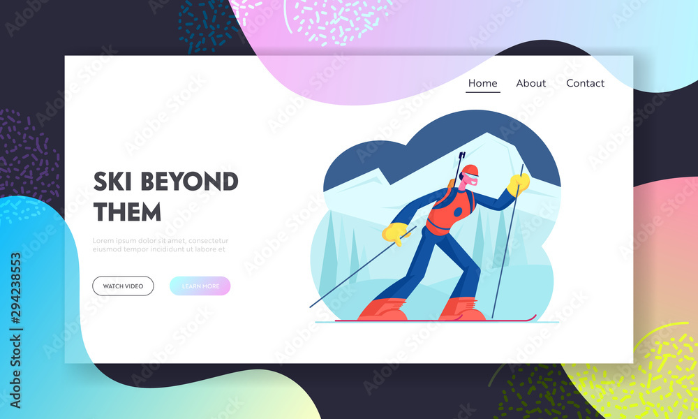 Biathlon Competition Website Landing Page. Woman Competitor with Gun Riding Rout by Skis. Sportswoman Take Part in World Cup Tournament. Winter Sport Web Page Banner. Cartoon Flat Vector Illustration