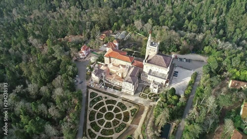 Aerial around view of the park and palace of Bussaco, Coimbra, Portugal, 4k photo