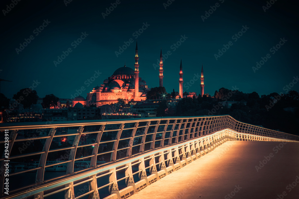 Suleymaniye mosque twilight view from new built Halic metro Bridge with trendy colors