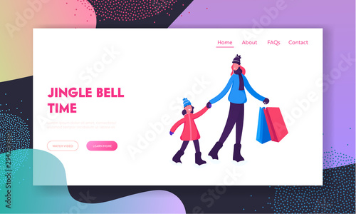 Christmas Family Shopping Website Landing Page. Happy Mother Holding Little Daughter by Hand and Paper Bags with Gifts for Xmas, New Year Celebration Web Page Banner. Cartoon Flat Vector Illustration