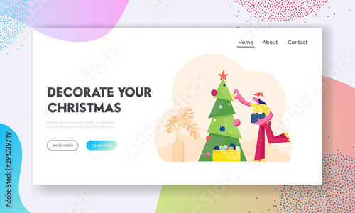 Happy Girl Preparing for Xmas Holiday Celebration at Home Website Landing Page. Woman in Santa Hat Holding Box with Baubles Decorating Christmas Tree Web Page Banner. Cartoon Flat Vector Illustration