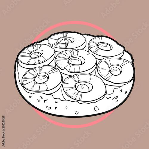 Hand-drawn black and white illustration of upside down cake on a beige background with thick outline.