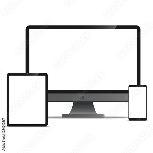 Desktop Computer and Tablet and Smartphone realistic style mockup device set icons for user interface applications and responsive web design with a blank screen