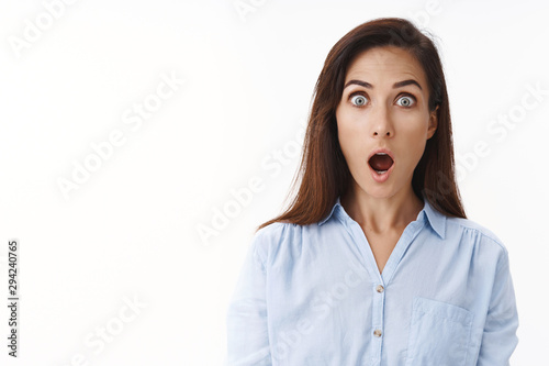 Amazed speechless adult mother react shocked situation, stare camera ambushed, open mouth, drop jaw impressed, gasping excited incredible news, best offer, stand white background photo