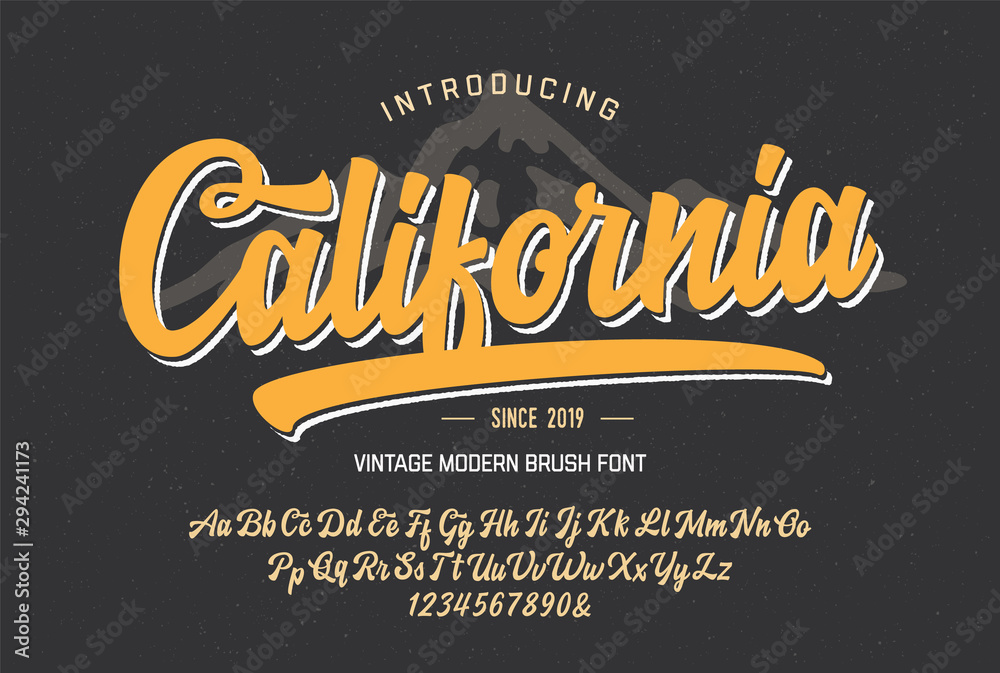  "California". Vintage Brush Script Alphabet. Retro Typeface. Vector Font Illustration. Vector - obrazy, fototapety, plakaty 