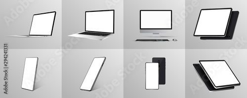 Great minimalist 3D gadgets set. Mockups at different angles. Devices - Smartphone, tablet, laptop and pc. Devices collection Mockups generic gadget. Mockups perspective and isometric view. Vector