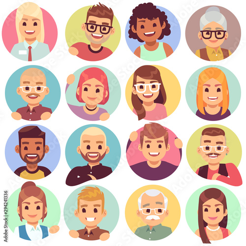 People in holes. Face in circular windows, emotional people greeting, smiling communicating characters. Avatars vector set