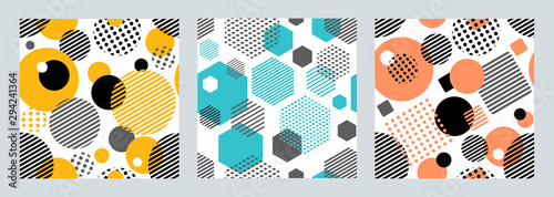 Three geometric seamless patterns with circles,squares, hexagons stripes and dots. Patterns for fashion and wallpaper. Vector illustration. 