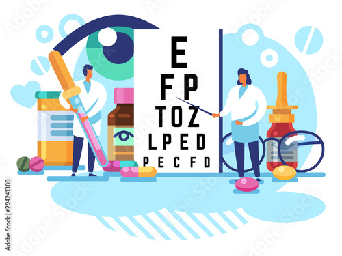 Oculists concept. Eye care and sight diagnostic testing. Ophthalmology laboratory equipment, vision check up vector background