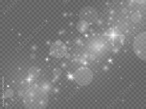 Light effect. Magic glowing stardust, white transparent sparkles. Abstract christmas flare, silver holiday glitter vector background
