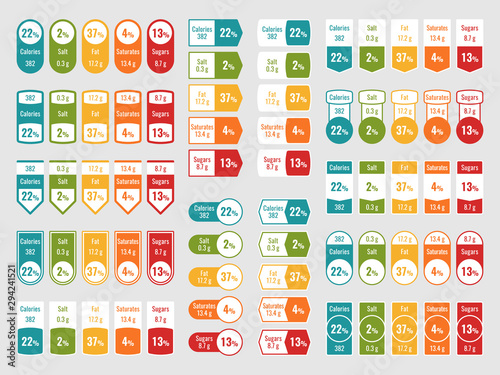 Nutrition facts label. Food value vitamin info, product mineral ingredients. Packaging badges vector set