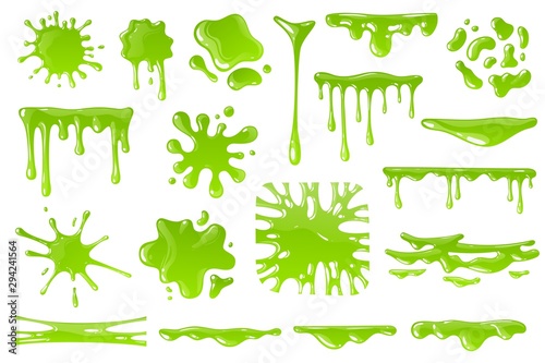 Green cartoon slime. Goo blob splashes, sticky dripping mucus. Slimy drops, messy borders for halloween banners isolated vector set
