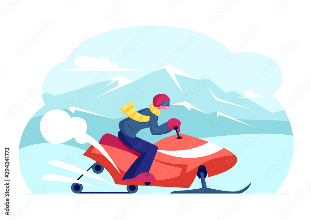 Snowmobile Rider Wearing Helmet Riding Fast by Snowdrifts with Fun During Extreme Sport Adventure Tour. Outdoor Activity During Winter Holiday on Ski Mountain Resort. Cartoon Flat Vector Illustration