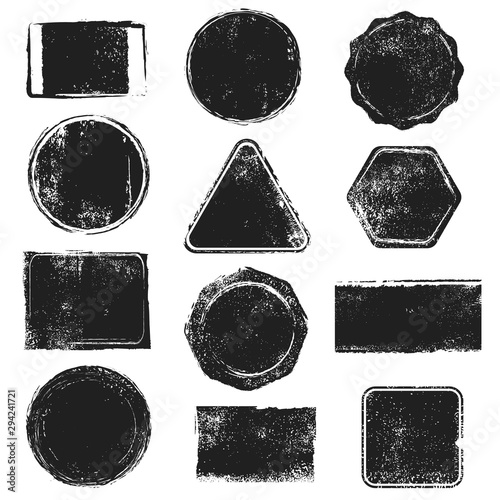 Grunge stamps. Distressed post stamp texture. Round, rectangular, triangular and hexagonal scratched labels. Badge vector isolated set