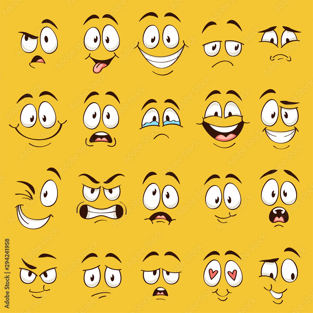 Cartoon faces. Funny face expressions, caricature emotions. Cute character  with different expressive eyes and mouth, vector collection Stock Vector |  Adobe Stock