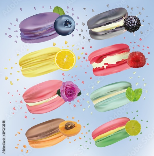 3D realistic colorful macaroons. Sweet french macaroons with raspberry, lemon, blackberry, blueberry, rose, lime, apricot, mint in motion isolated on blue background. Falling macaroons. Icon vector