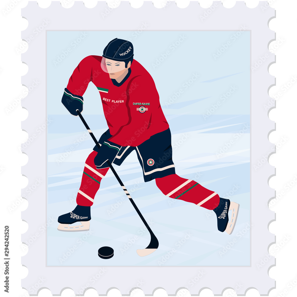 Postage Stamp. Winter sport. Hockey. Outfit player, abstract ice, putter, puck - isolated on white background - vector. Travel Banner