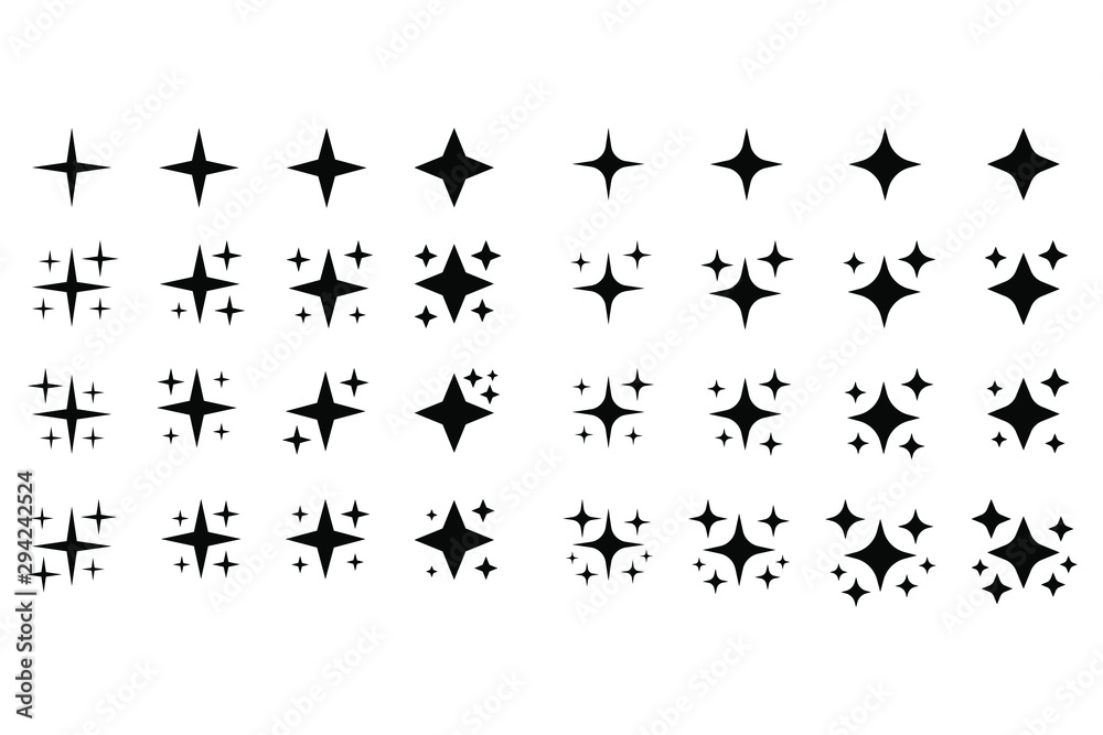 Black sparkles symbols vector. The set of sample vector stars sparkle icon. Bright firework, decoration twinkle, shiny flash. Glowing light effect stars and bursts collection.