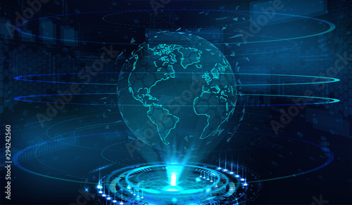 Earth globe hologram technology three-dimensional interface. HUD  3d globe earth hologram. Sky-fi concept, science fiction scene. Vector illustration 