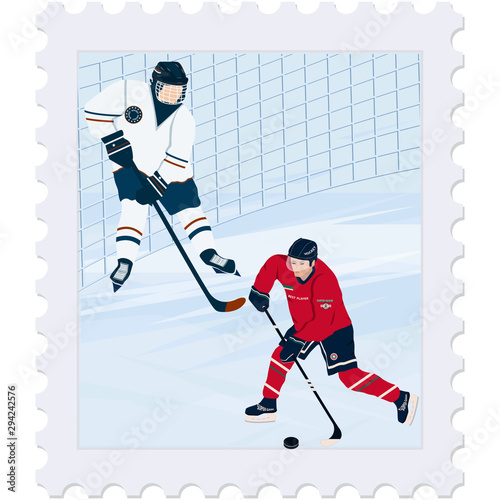 Postage Stamp. Winter sport. Hockey. Players, goal, abstract ice - isolated on a white background - vector. Travel Banner