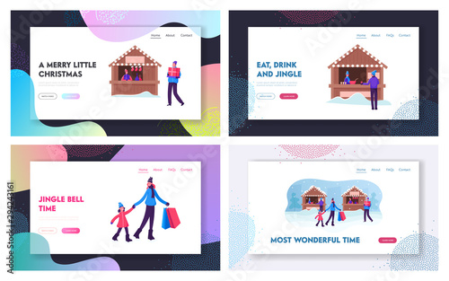 Winter Season Holidays and Fair Sale Website Landing Page Set. Happy Walking, Buying Gifts for Christmas and New Year Celebration, Drinking Hot Drinks Web Page Banner. Cartoon Flat Vector Illustration