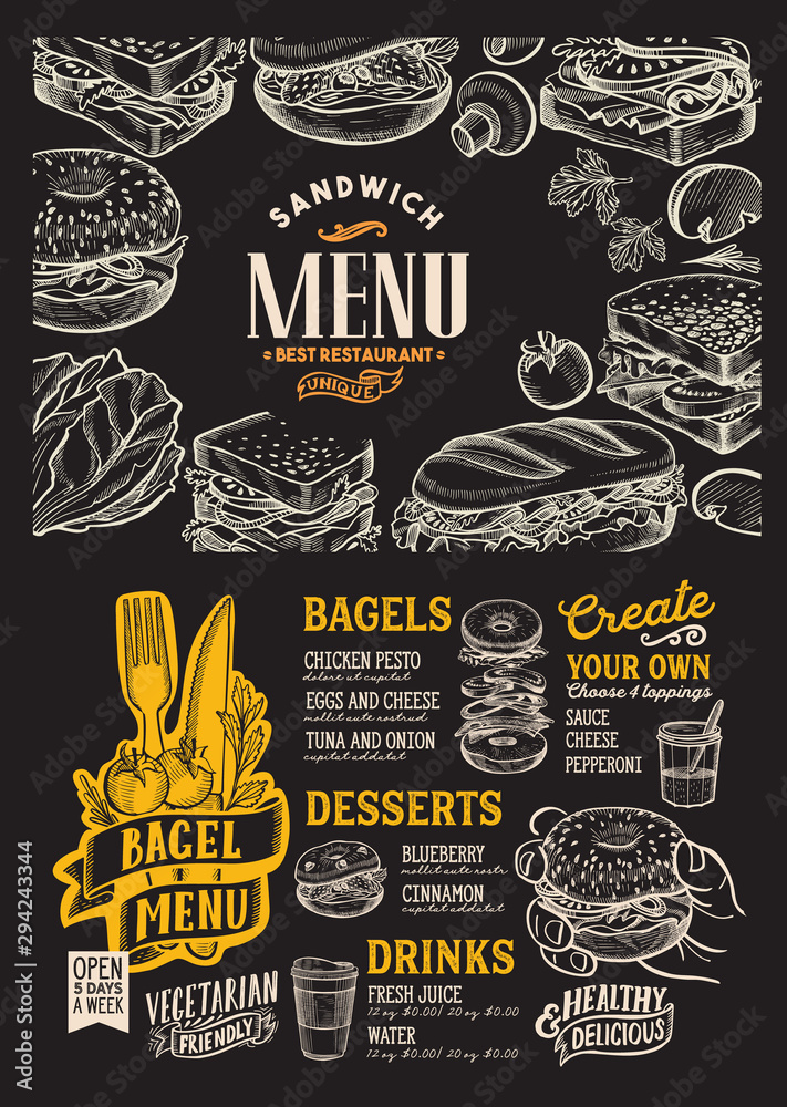 Fototapeta premium Bagel and sandwich menu food template for restaurant with doodle hand-drawn graphic.