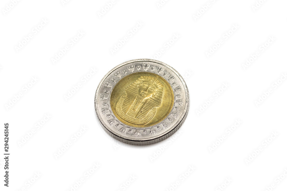 A bimettalic one pound coin from Egypt, shot close up in macro, against a clean, white background A bimettalic one pound coin from Egypt, shot close up in macro, against a clean, white background
