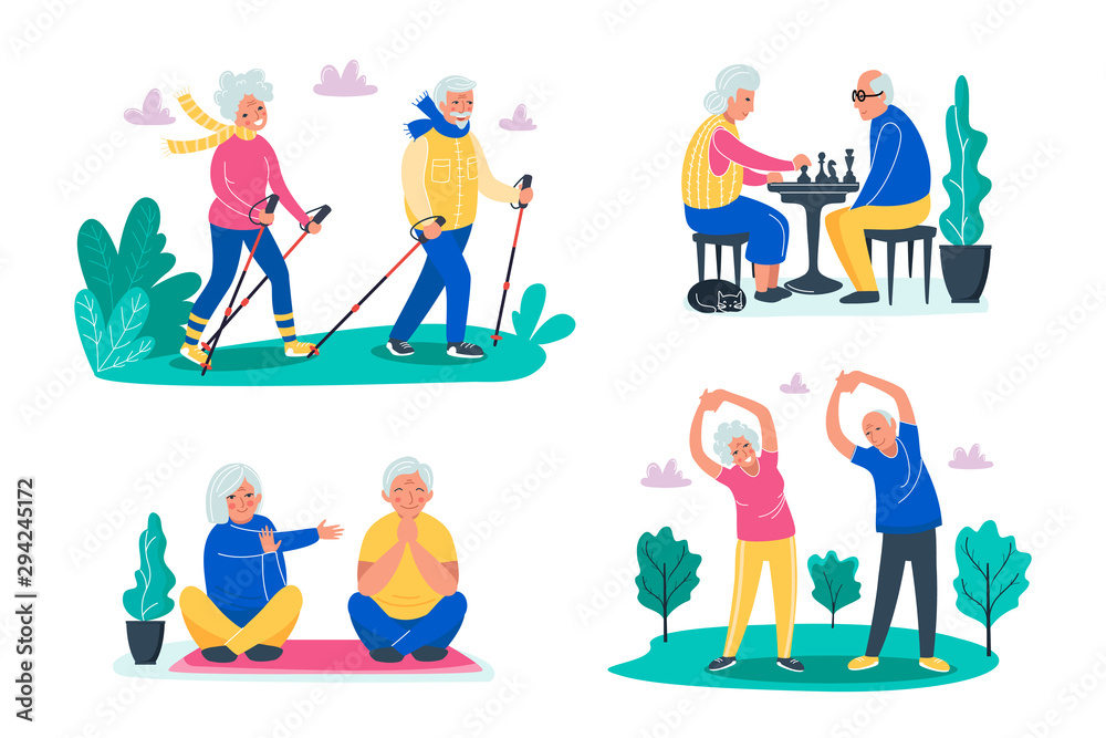 Senior activities concept. Old people walking, playing chess, do exercises on the fresh air in forest and do yoga with happy faces. Sporty lifestyle in a retirement for pensioners. Vector illustration