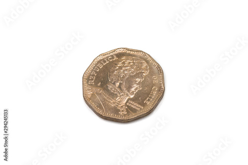 A close up image of a one hundred peso coin from Chile isolated on a white background.  Shot in macro photo