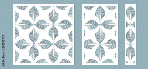 Set, panel for registration of the decorative surfaces. Abstract feathers, leaves, lines panels. Vector illustration of a laser cutting. Plotter cutting and screen printing.
